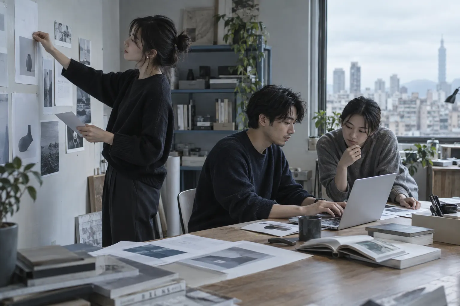 AI 生成的设计工作室场景示意图,三位设计师在整理视觉参考并讨论提案