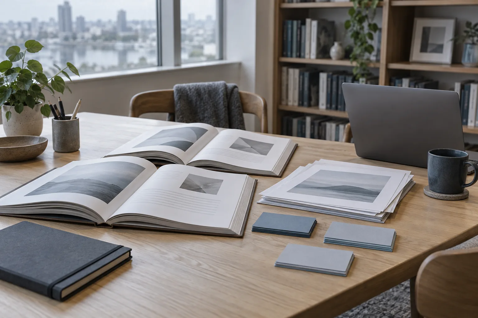 AI-generated illustrative research scene with reference books, source pages and grouped note cards beside a laptop