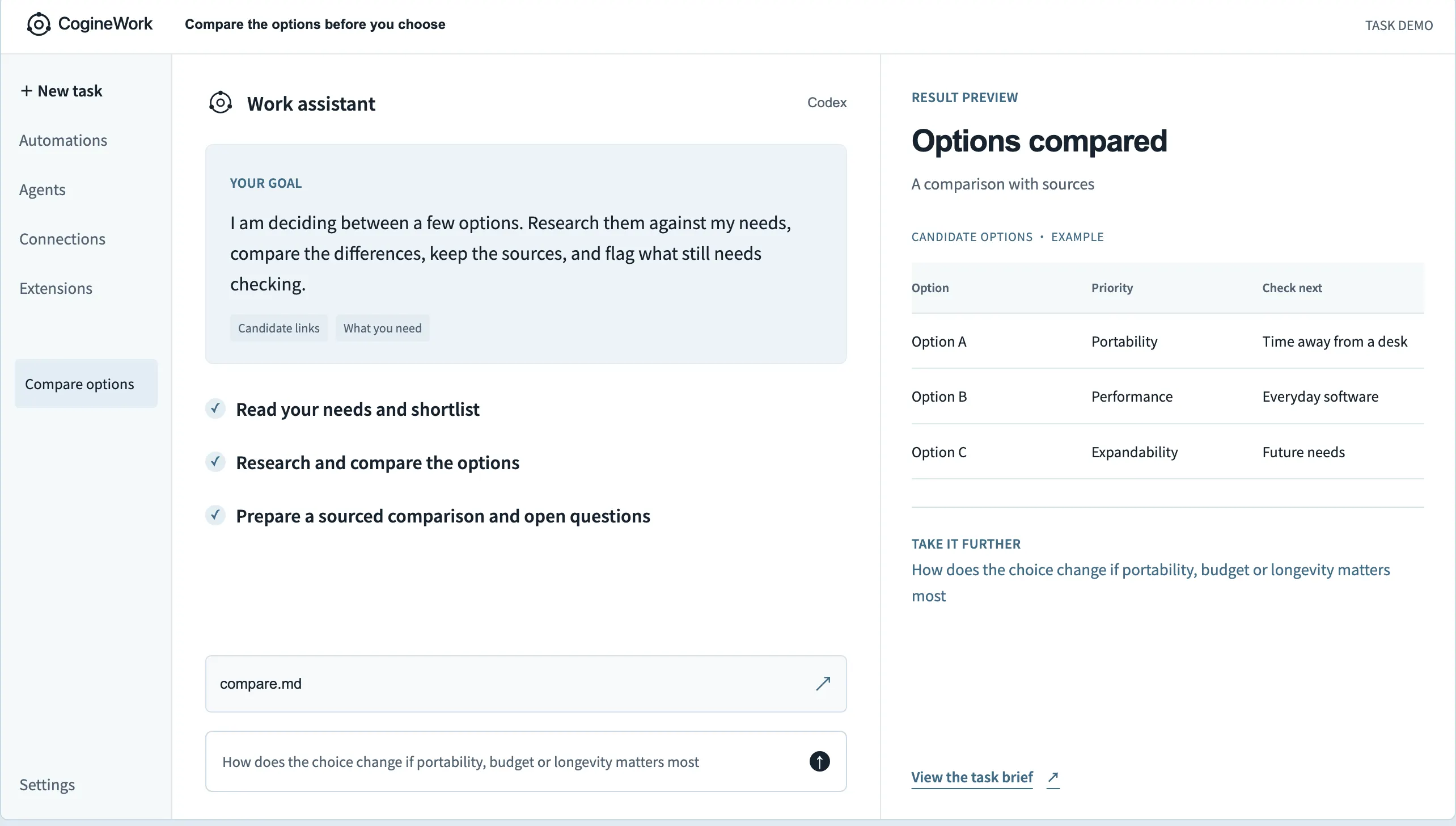 The CogineWork workbench: your goal and the agent’s steps on the left, a sourced result preview on the right
